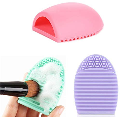 3 Pack Makeup Brush Cleaning Mat & Egg Set - Silicone Brush Cleaner for Foundation, Eyeshadow, Blush Brushes - Fast Drying Cosmetic Cleaning Tool with Non-Slip Base (Pink, Purple, Blue)