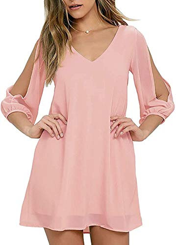 Brosloth Robe Femme Chic et Èlégante, Jupe D'été Casual en Mousseline à Épaules Dénudées, RobeBohèmes Taille Haute à Manches Longues, Mini Col V Robe de Cocktail Rose S