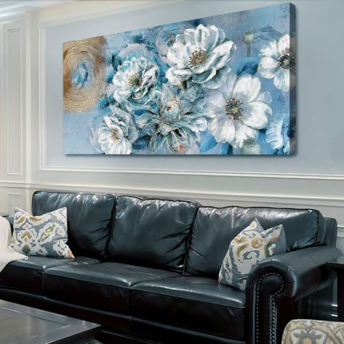 Ardemy Kunstdruck auf Leinwand, modernes weißes Blumenmuster, goldfarben, strukturiertes blaues Gemälde, 101.6 x 50.8 cm, türkis, gerahmt, für Wohnzimmer, Schlafzimmer, Büro, Wanddekoration