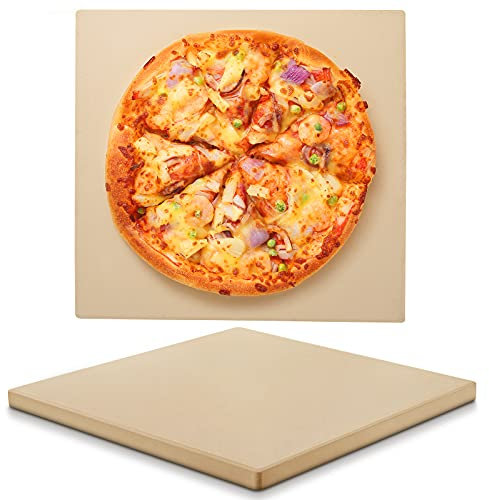 Unicook Pierre à pizza carrée de 38,1 cm pour grill, cordiérite, pierre à pain, résistante aux chocs thermiques, idéale pour la cuisson de croûte, pizza, pain et plus encore, avec grattoir
