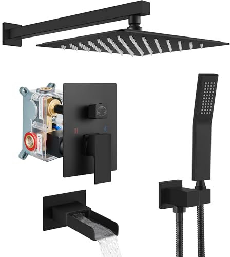 Cinwiny Sistema de ducha de baño negro mate de 10 pulgadas con cabezal de ducha de lluvia de mano Spary montaje en pared conjunto conjunto de boquilla de ducha de 3 funciones mezclador de lujo