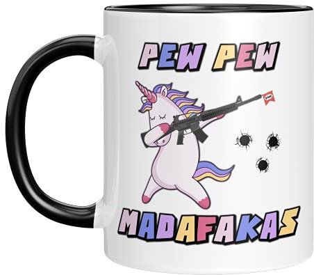 TassenTicker - Tasse mit Spruch - Pew Pew Madafakas - schießendes böses Einhorn - Kaffeetasse - beidseitig Bedruckt - Geschenk (Schwarz)