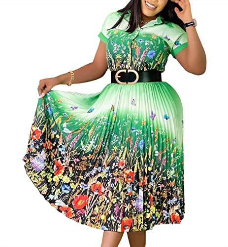 VERWIN Revers Dreiviertel-Aermel Knielanges Plissee-Blumen-Etuikleid Fuer Frauen (XX-Large, Grün)