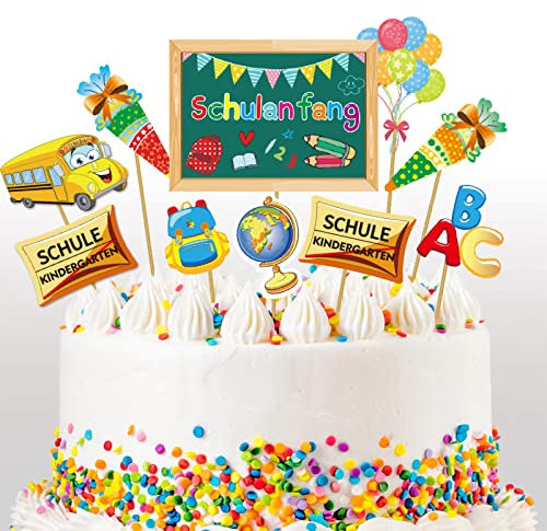 12pcs Einschulung Cupcake Topper Dekorationen für Schulanfang Tortendeko Schuleinführung Kuchen Dekorationen Fondant Muffins Zucker, für Junge Mädchen 1. Schultag Schulanfang Party Deko (Bunt)
