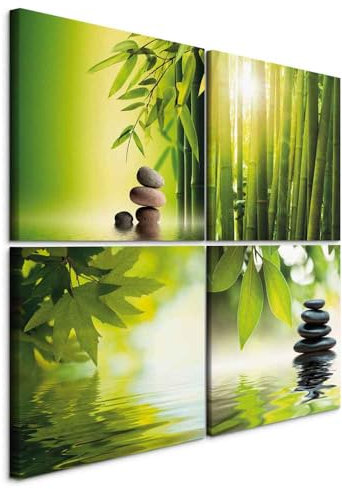 B&D XXL - Wandbild Leinwand Bilder Zen 80x80 cm Vlies Leinwandbild 4 Teilig Kunstdruck modern Wandbilder Groß XXL Wohnzimmer Wanddekoration Design Wand Bild - Natur Wasser Bambus Steine grün 9060095
