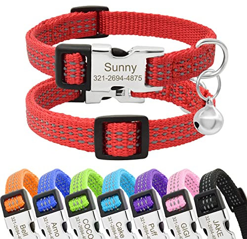 Senristar Personalisiertes Reflektierendes Nylon Katzenhalsband mit Name & Telefon, Individuell Gravierte Schnellverschluss Schnalle Katzenhalsband mit Glocke