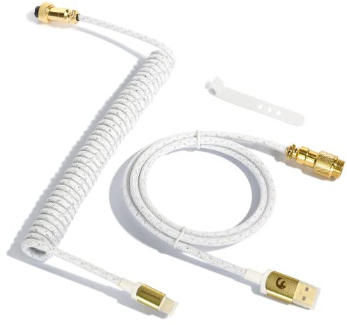 XINMENG C03 Braided Coiled Keyboard Cable, Pro Custom USB-C Double-Sleeved Aviator Cable for Gaming Keyboard, Type-C to USB-A with Detachable Metal Aviation Connect for Mechanical Keyboard - White