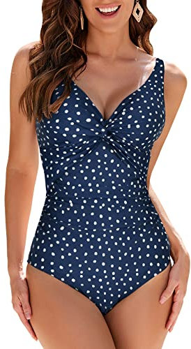 Veranobreeze Costumi da Bagno Interi per Donna Scollo a V Costume Intero Donna con Controllo della Pancia Monokini con arricciature, per Coppe da D a G (Puntini Bianchi e marini,EU44)