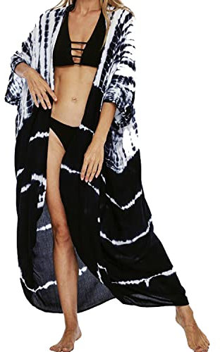 Jywmsc Womens Casual Beach Cardigan Tie Dye Open Front Long Kimono Swimsuit Cover up Dark Blue White