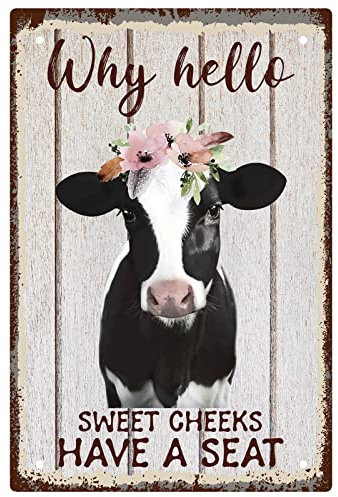 CREATCABIN Why Hello Sweet Cheeks Cartel Chapa Metal Diseño Vaca Vintage Divertidos Animales Póster Metal Arte Pared Jardín Casa Placa para Baño Cocina Cafetería Pared Navidad Decoración 30x20cm