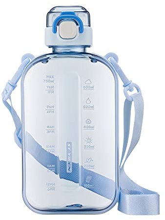 SEASEVEN Flat Water Bottle 750ML,Plastic Drinks Bottle,Sports Water Bottles with Time Markings,Girls Boys Waterbottle Leak-Proof & Bpa-Free for Gym,Cycling, Office, Outdoor(Flat Blue)