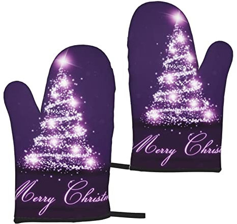 Heat Resistant Oven Gloves Sets Of 2 - Christmas Purple Tree Printed Kitchen Non-Slip Microwave Oven Mitts 1 Pair For Baking Cooking Bbq