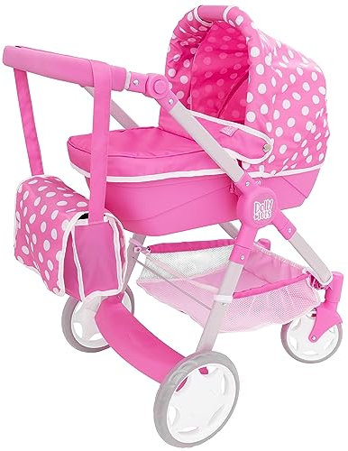 Dolly Tots Junior Roamer Puppenwagen Pink mit Polka-Dots | Puppenwagen ab 3 Jahren mit Abnehmbarer Trage, Tasche & Stauraum | Verstellbarer Griff | Puppenzubehör & Polka-Dot Muster.