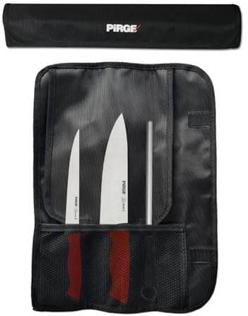 Pirge Duo Profi Messerset mit Tasche 4 Stück - Rutschfester Griff - Profi Kochmesser Set - Edelstahl Profi Küchenmesser Set - Messer Set Scharf