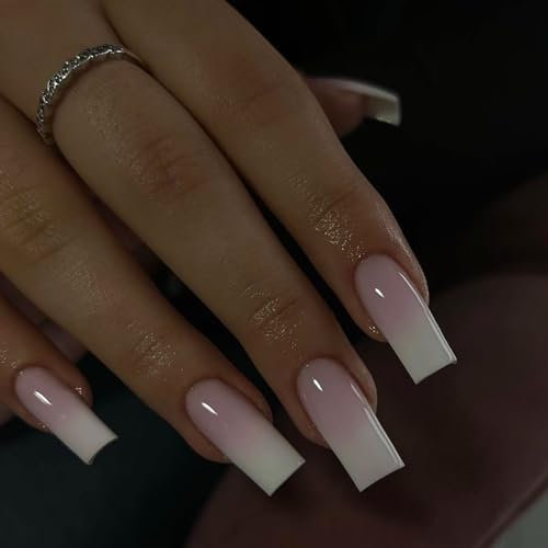 Faux Ongles Long MouyouGlow,Carré Nude Rose Gradient Blanc Press on Nails avec Colle à Ongles,Pink White Smudged Acryl Fake Nails