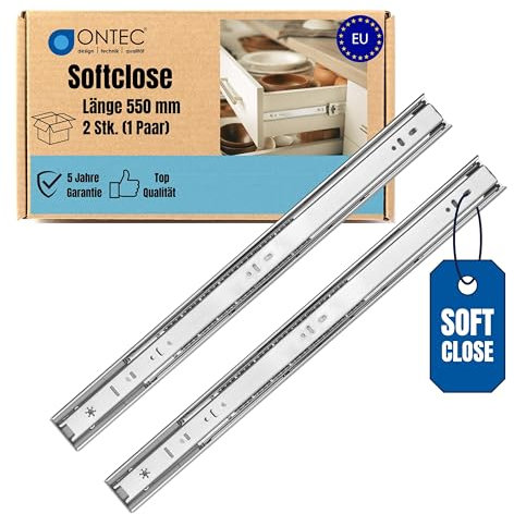 ONTEC Softclose Schubladenschienen Vollauszug 550mm 2 Stück - Schubladenauszug Extra Stabil Schubladen Schienensystem 45kg Traglast Auszugschienen Schubladenführungen - Leichte Montage