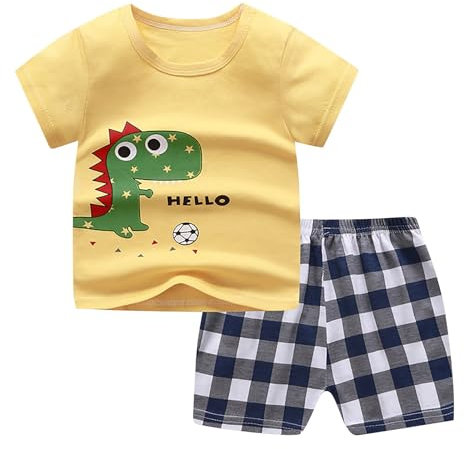 Generisch Pyjama pour enfant - Haut avec col rond, manches courtes et lettres imprimées et short avec imprimé à carreaux pour garçons - Tenue d'été pour bébé garçon, jaune, 2-3 ans