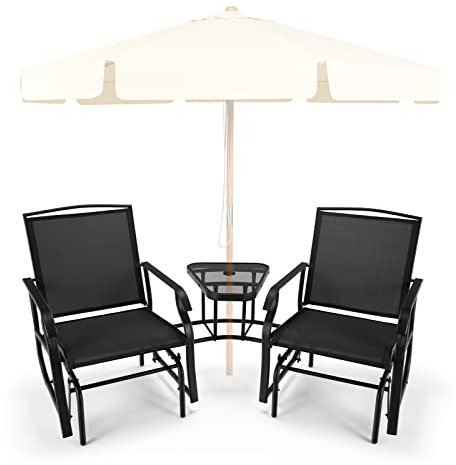 SFAREST Patio Double Rocking Chair, Outdoor 2-Seat Swing Glider Chair with Center Table, Outside Glider Loveseat for Poolside, Backyard, Garden (Black)