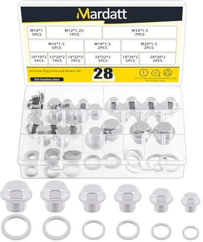 Mardatt 28 Sets Ölablassschraube Sortiment Kit, M10 M12 M14 M16 M18 M20 Stahl Ölablassschrauben mit Aluminium-Unterlegscheibe Dichtung, Motor Ölablassschraube Ersatz kompatibel mit Toyota, Ford