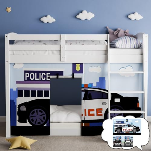 YRDKB Polizeiauto-Bettvorhänge – 3 Stück, Zwillinge, 33H Premium & anpassbare Cartoon-Loft-Bettvorhänge für Kinder, verbessern fantasievolle Kreation, Schlafzimmer, Größe: B 99,1 cm x L 198,1 cm