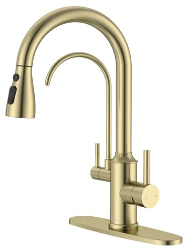 APPASO Kitchen Faucet with Water Filter, 2 Handle 3 Way Gold Kitchen Sink Faucet, High Arch 3 Hole Kitchen Faucet with Pull Down Sprayer - 3 in 1 Faucet (Without Water Filtration Device)
