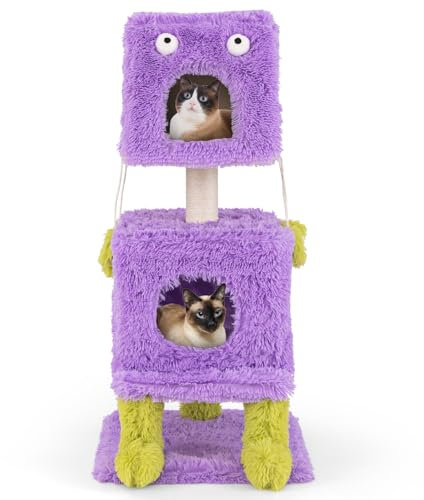 GYMAX Cat Tree, 111cm Monster-Themed Cat Tower with 2 Cat Condos, Sisal Scratching Post and Hanging Sound-Making Toys, Cute Kitten Activity Center for Indoor Cats