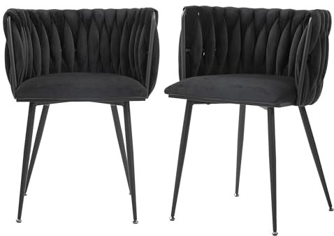 Moderner Esszimmerstuhl, Sessel, Samt Esszimmerstuhl Set mit schwarzen Metallbeinen, elegantes handgewebtes Design und weiches Kissen für Esszimmer, Wohnzimmer und Schlafzimmer (2er Set) (Schwarz)