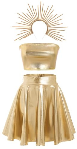 FYMNSI Damen R�mische G�ttin Kost�m Rave Tanz Outfit R�merin Aphrodite Cosplay Metallic Bandeau Top Faltenrock Stirnband Set f�r Halloween Party Fasching Karneval Griechisches Verkleidung Gold XL