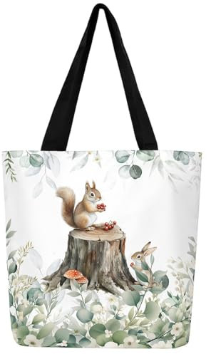Homewish Nette Tier Leinwand Tasche Cartoon Eichhörnchen Lebensmitteltasche, Frühling Eukalyptus Leinwand Einkaufstasche Aquarell Blätter Einkaufstasche, Kawaii Dschungel Tier Strandtasche