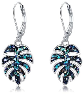 AXOMY Monstera Earrings S925 Sterling Silver Leverback Palm Leaves Drop Earrings for Women Tropical Monstera Jewelry Gift