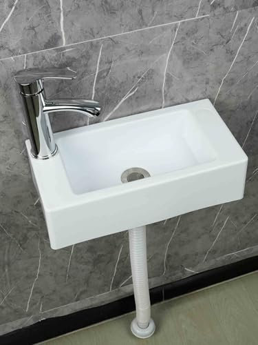 XRB2050 Lavandino a Muro in Resina, 40x20x11cm/15.7x7.9x4.3inch Lavandino Bagno Rettangolare per Piccolo Guardaroba Bagno Wc Degli Ospiti Bianco D - Rubinetto dell'acqua Calda e Fredda