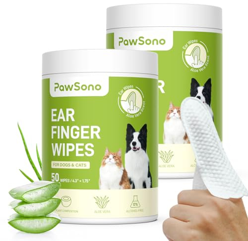 PawSono Finger Ear Wipes for Dogs & Cats, Pre-Moistened Dog Ear Cleaner | Pet Ear Wipes with Double-Sided Pearl Texture to Help Remove More Wax, Dirt & Debris, Aloe Scented, 100 Count