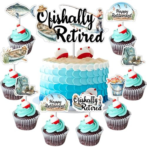 Funmemoir Fishing Retirement Party Decorations - 25PCS Ofishally Retired Cake Topper & Fishing Theme Cupcake Toppers, Gone Fishing Retirement Decorations, Happy Retirement Fishing Cake Decorations