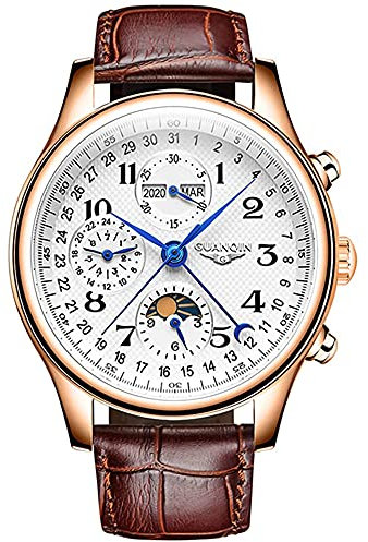 Guanqin Herren Multifunktions Automatik Selbstaufzug Mechanische Uhr Saphirglas Business Mondphase Ewiger Kalender Wasserdichte Uhr Mann Edelstahl oder Lederband Armbanduhr, Rosa, Weiß, Braun