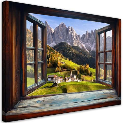 Feeby Wandbilder - Bilder Schlafzimmer - Fensterblick Berge Landschaft - 60x40 1tlg - Wohnzimmer Bild Groß - Wohnungs - Foto Geschenk - Leinwand Wall Art - Wand Deko
