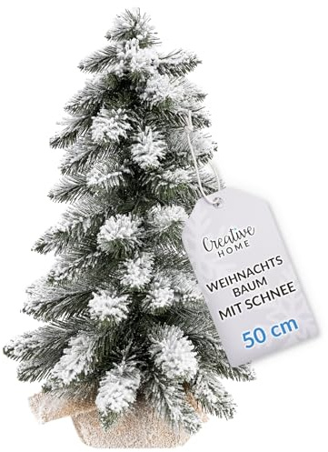 Creative Home Mini Artificial Snowy Christmas Tree with Stand | Size 50 cm | Miniature Frosted Snow-Covered Little Xmas Tree Small Cone Branches | White Winter Twigs Cut Ends | Indoor & Outdoor