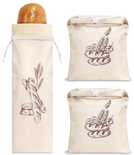 2 Stück 44 * 32,5cm Brotbeutel und 1 Stück 70 * 20cm mit Bienenwachstuch Innenfutter Wiederverwendbare Brottüten Brot Obst Gemüse Baguette Brotbeutel Aufbewahrung mit Frischhalten Gefriersicher