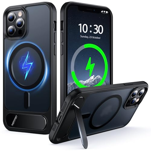 NJROW Magnetic Stand for iPhone 12 Pro Max Case Compatible with MagSafe | [Stand & Wireless Charging 2in1] [Flush Hidden Kickstand] [Military Shockproof] Slim Translucent Matte,Black