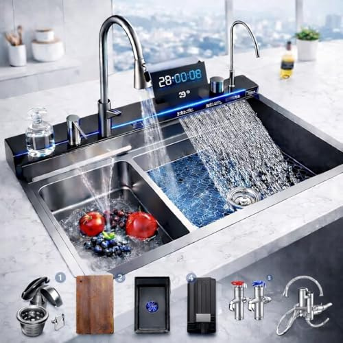 Fregadero multifunción con grifo cascada – Sistema 4 en 1 con limpia vasos y tabla integrada | Cocina moderna y ahorra espacio