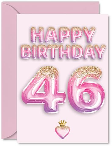 46th Birthday Cards for Women and Men, Pink & Purple Glitter Balloons | Happy Birthday Card for 46 Year Old Man Woman Colleague Dad Husband Brother, A5 Bday Greeting Cards