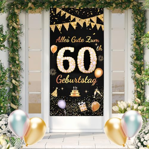 ANOMM 60.Geburtstag Banner Schwarzes-Gold, Happy Birthday Banner | 60.Geburtstag Dekoration für Drinnen und Draußen, Vertikal Extra Groß Party Geburtstagsdeko Hintergrund (180 x 90 cm)