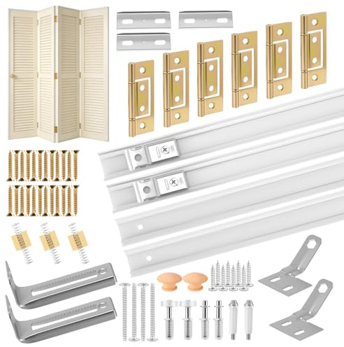 Bifold Door Hardware with Track, Bi-fold Closet Door Hardware Repair Tool Kit, Door Hardware Replacements Part Included Top Guide Wheels,Top Pivot,Bottom Pivot,Hinges,Spring and Steel Track (60 inch)