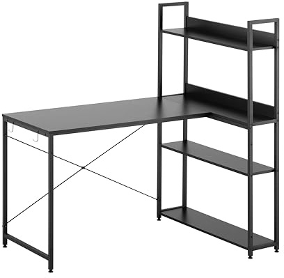 Nera L Shape Corner Writing Black Computer Desk 120x70cm with Storage Shelfing Reversible Shelves for Study Home Office Table Small Space Simple Assembly