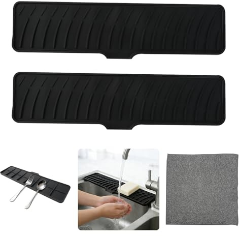 WRENYZK 2 Pcs Silicone Faucet Mat for Sink, Narrow Kitchen Sinks Splash Guard, Sink Protector Mat with Absorbent Rag, Draining Mat Around Tap for Kitchen Bathroom Countertop (Black,42cm)