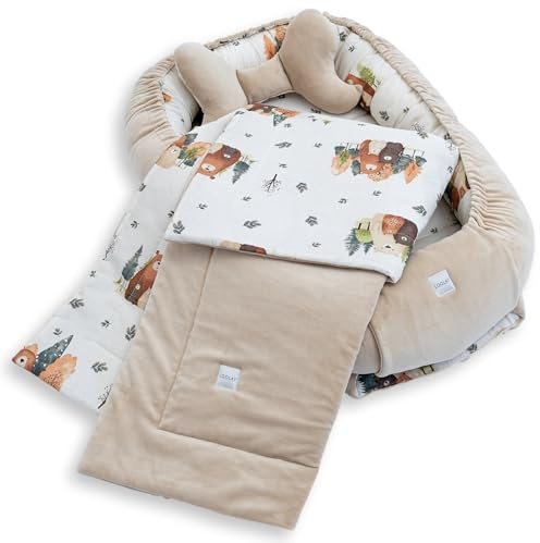 LOOLAY Babynest, Nestchen für Neugeborene – Baby Nestchen 91 × 63 cm mit Decke, Tragbares Nest aus Samtvelours & Baumwolle (BEIGE Velour/Bärchen)