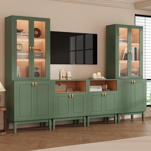 VOWNER TV-Schrank mit LED, 240cm B Wohnwand für TV bis 50 Zoll, TV Board Set mit Glastüren & Bücherregalen, Fernsehschrank Auch Als Küchenschrank Nutzbar, 240 x 180 x 40 cm (Grün, 4PCS)