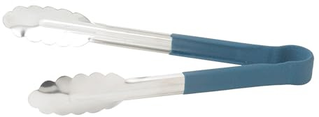 Winco 9 Stainless Steel Serving Tongs with Non-Slip Handle, Blue