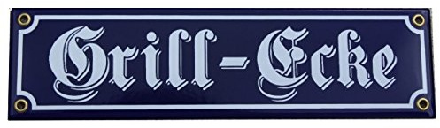 Grill Ecke Emaille Schild 8 x 30 cm Emailschild blau.