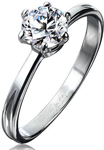 Bungsa 52 (16.6) Stein Damenring klassisch schmal Silber Edelstahl Zirkonia Kristall 49 52 54 57 (Ring Damen Frauen Fingerring Partnerringe Verlobungsringe Trauringe Damenring Edelstahlring)