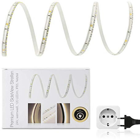 LED Universum 2m Meter SideView Premium LED Streifen warmweiß, 120 LED/m, IP65, 24V, 3014 SMD, 10W/m, 750 lm/m, inkl. 3A-Netzteil, seitliche Abstrahlung zur Hintergrund- u. Möbelbeleuchtung